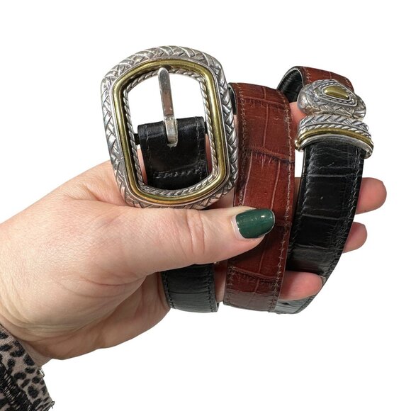 Vintage Brighton Marcus Reversible Belt Two-Tone Black Brown 40210 Size 34 Croc - Picture 2 of 9